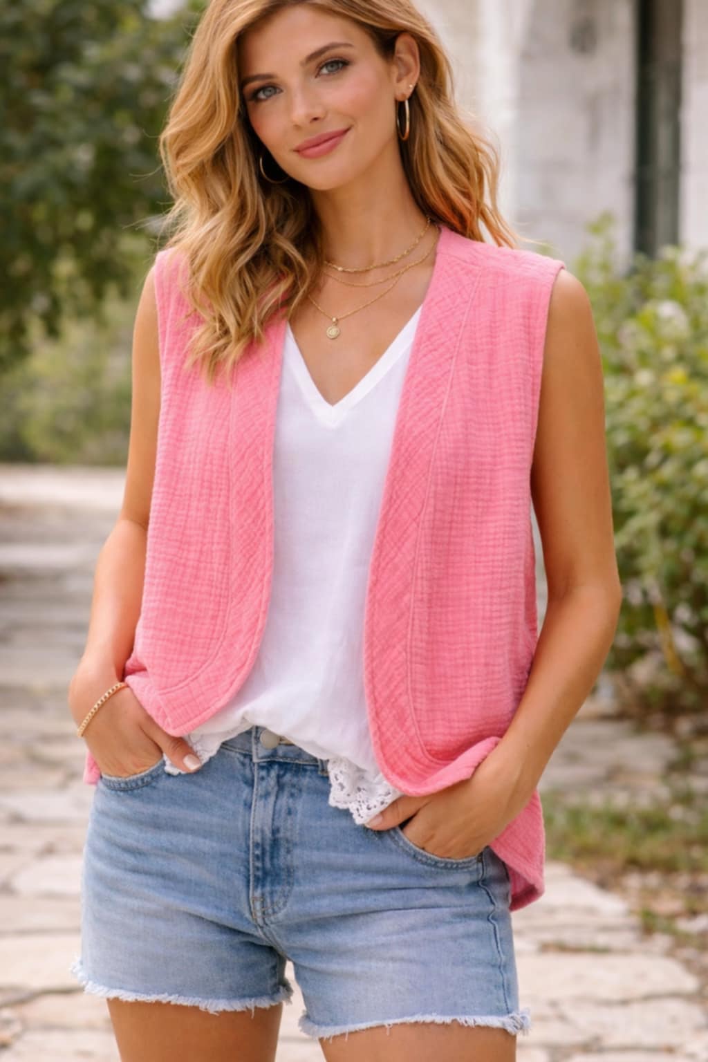 Gilet Femme Sans Manches Rose Coton TU 36-42