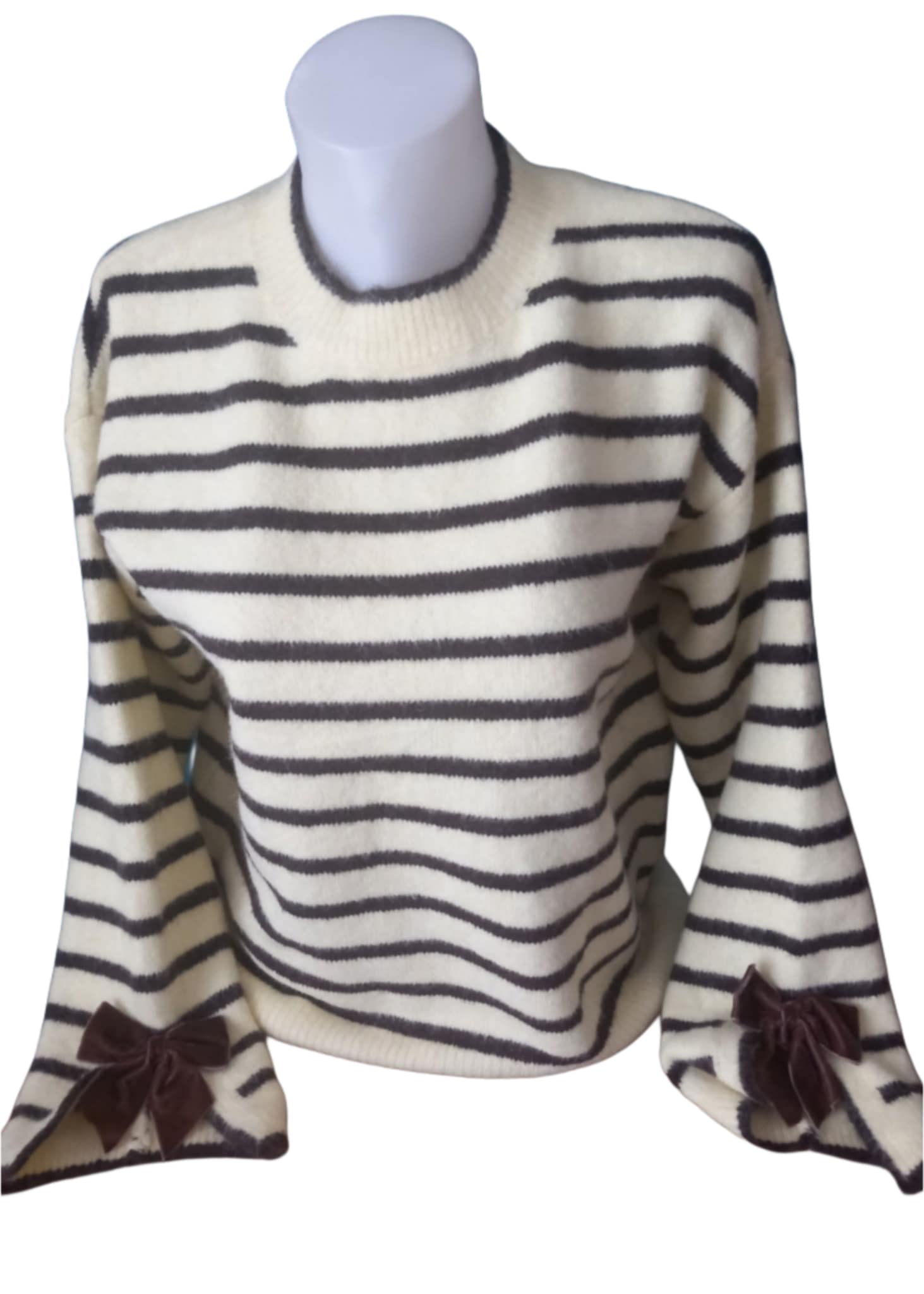 Pull Femme Fin Jaune Rayé Chocolat Nœuds Poignets TU 36-42