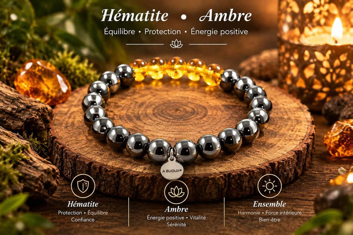Bracelet Hématite & Ambre véritable de la mer Baltique 8mm – Fabrication Française