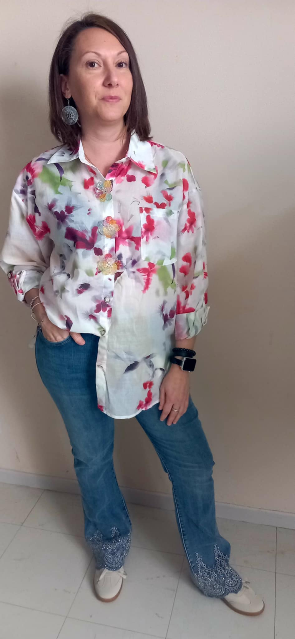 Chemise Manches Longues Polyester - Boutons Fleurs