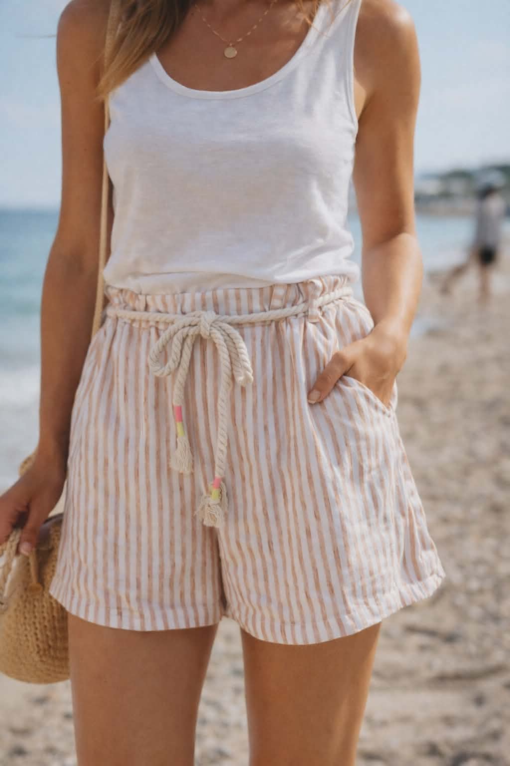 Short Femme Blanc Rayé Camel Coton Taille Élastique TU 36-42