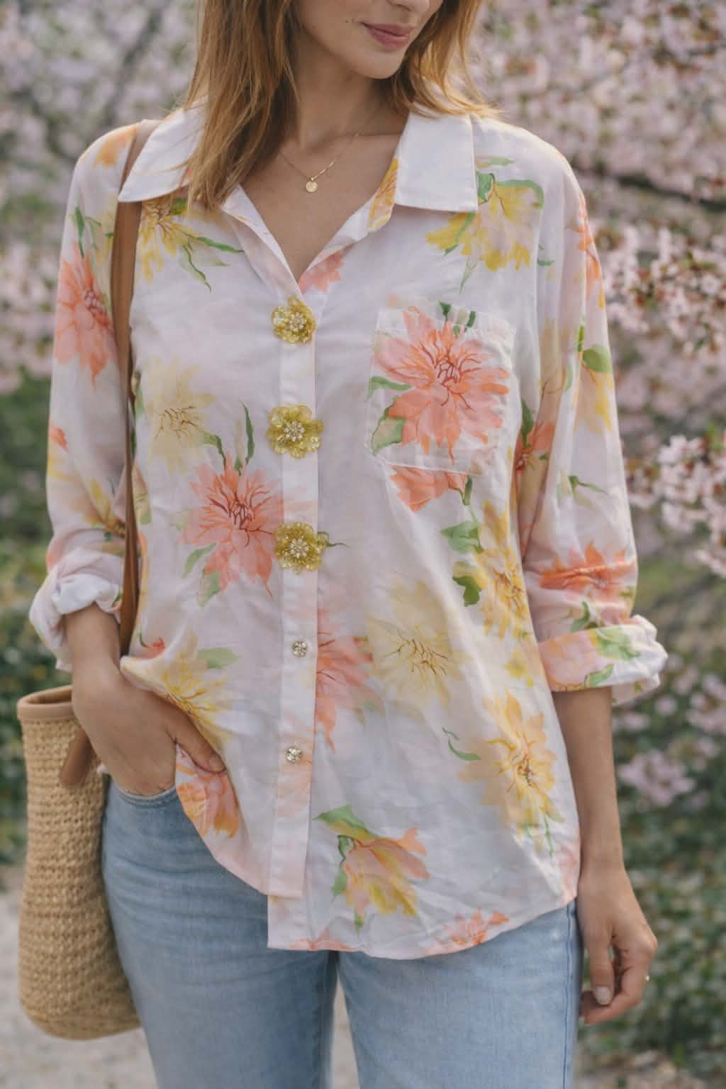 Chemise Manches Longues Polyester - Boutons Fleurs Décoratifs