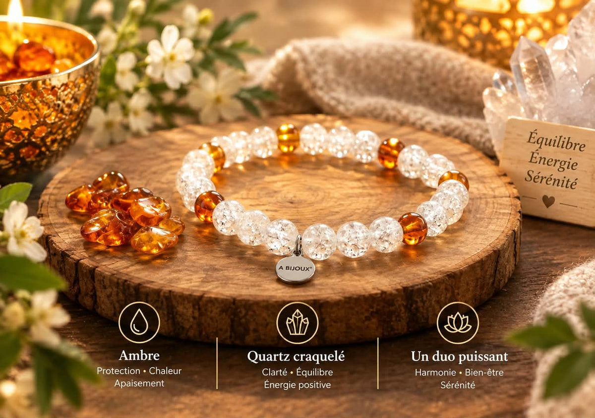 Bracelet Lithothérapie Ambre Baltique & Quartz Craquelé | 8mm