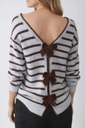 Pull Femme Manches Longues Bleu Rayé Chocolat Nœuds Dos TU 36-42