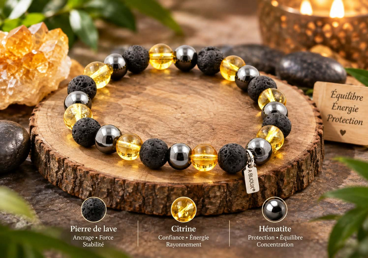 Bracelet Lithothérapie Pierre de Lave, Citrine & Hématite | 8mm