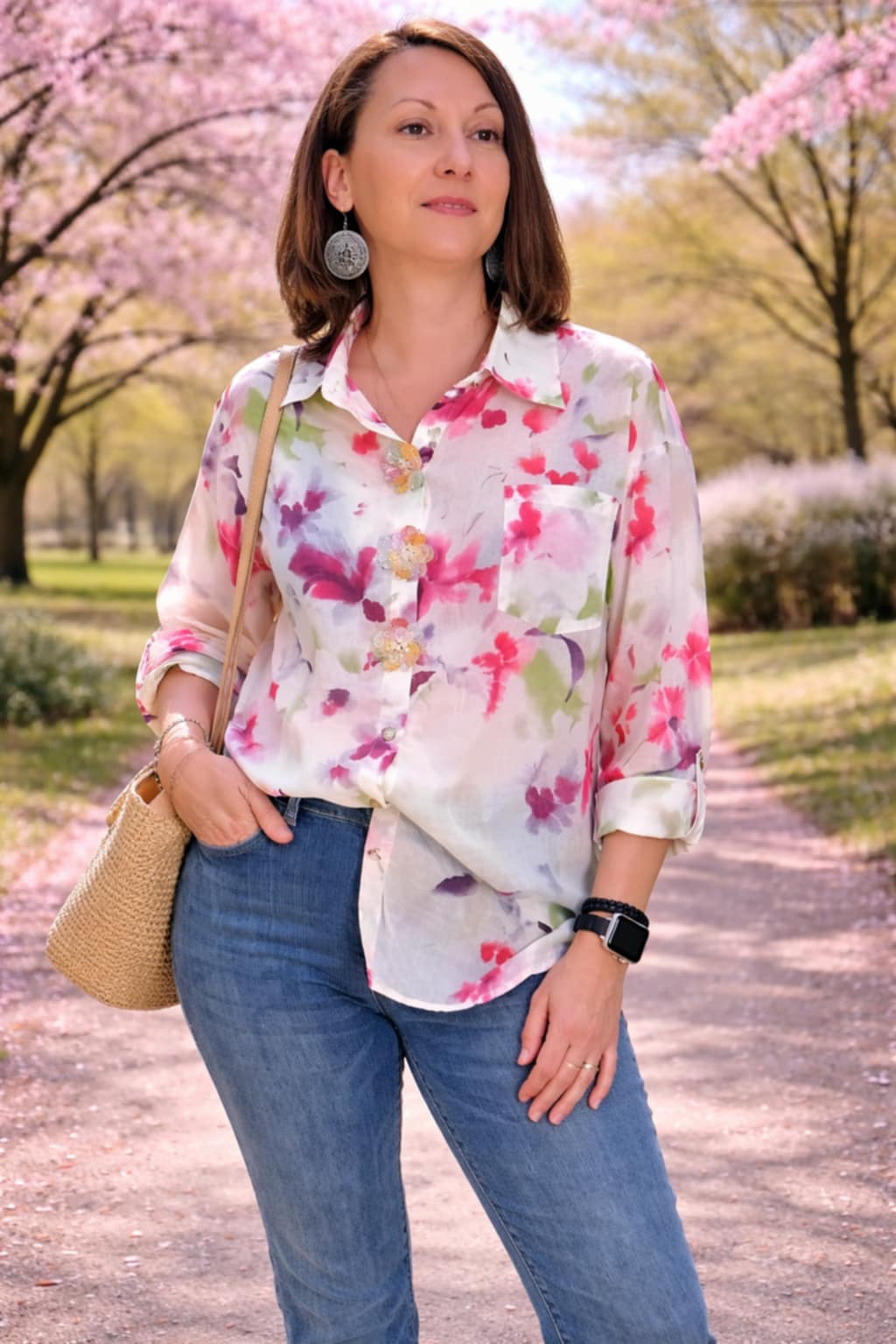 Chemise Manches Longues Polyester - Boutons Fleurs