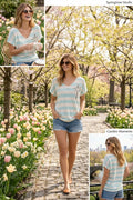 Pull Fin Femme Sans Manches Rayé Blanc et Turquoise - Taille Unique