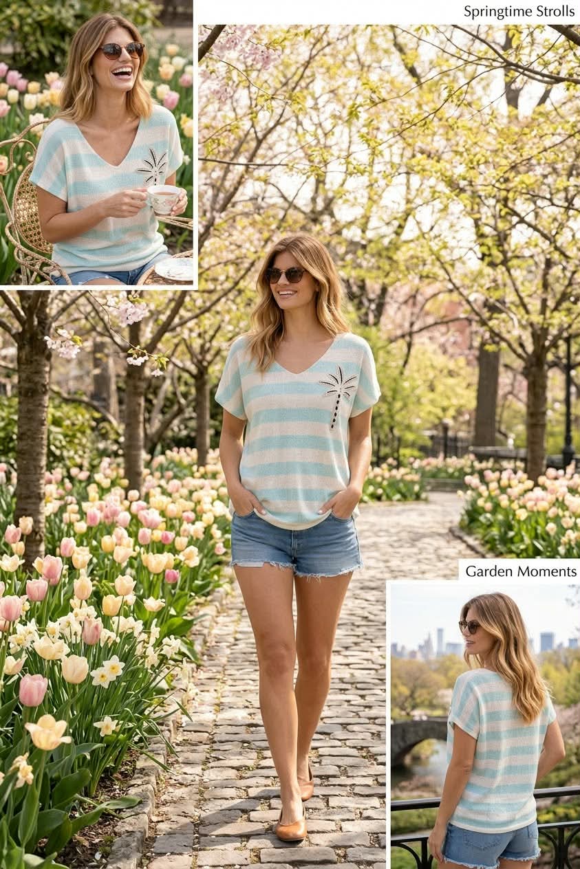 Pull Fin Femme Sans Manches Rayé Blanc et Turquoise - Taille Unique